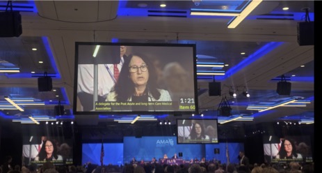 PALTmed President Leslie Eber, MD, CMD, addressing the AMA House of Delegates at June’s Annual meeting in Chicago.